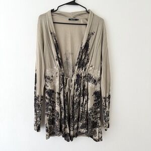 Nic + Zoe Cardigan L Beige Black Graphic Silk Linen Tie Waist Fairy Grunge Indie